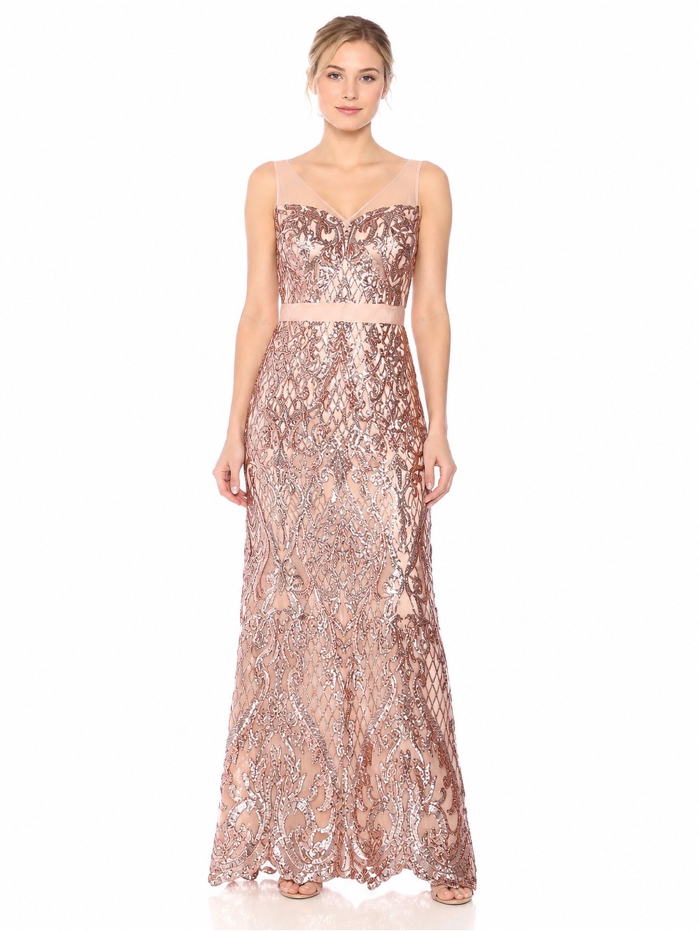 Adrianna Papell Rose Gold Sequin Embellished Maxi Gown